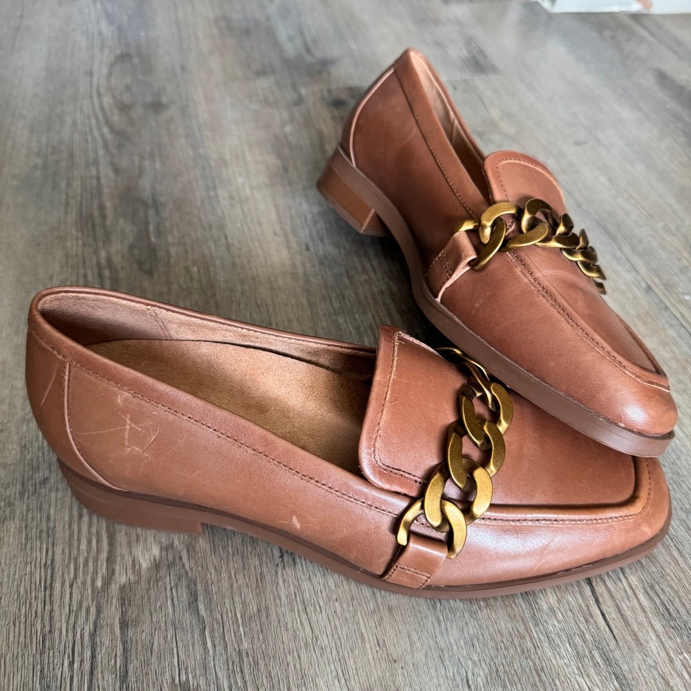 Vionic Mizelle Tan Leather Chain Link Loafers Womens 6.5 Shoes